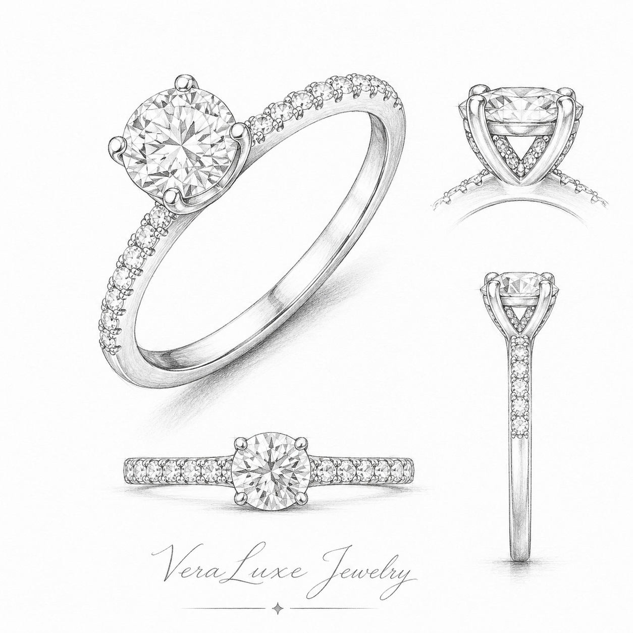 Round Moissanite Pavé Side-Stone Ring