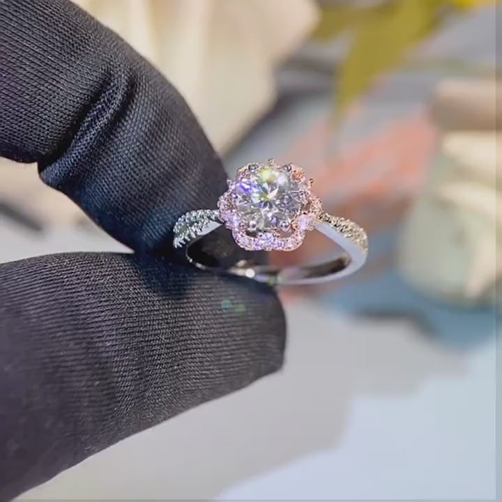 1 CT Round Moissanite Floral Halo Ring