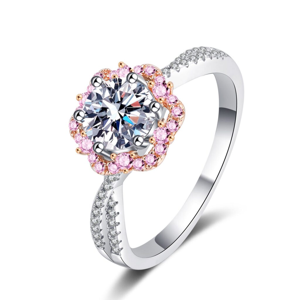 1 CT Round Moissanite Floral Halo Ring