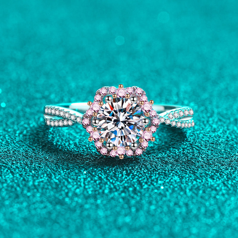 1 CT Round Moissanite Floral Halo Ring