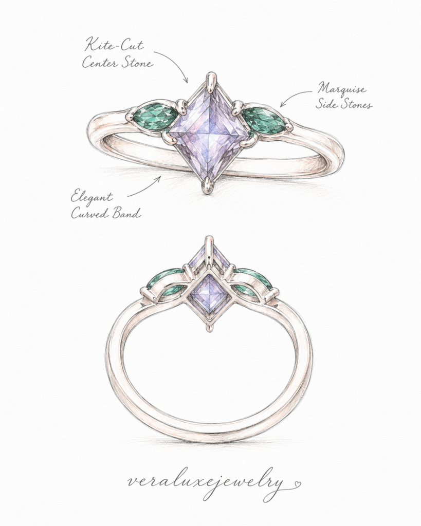 Kite-Cut Lab-Grown Alexandrite Three-Stone Ring