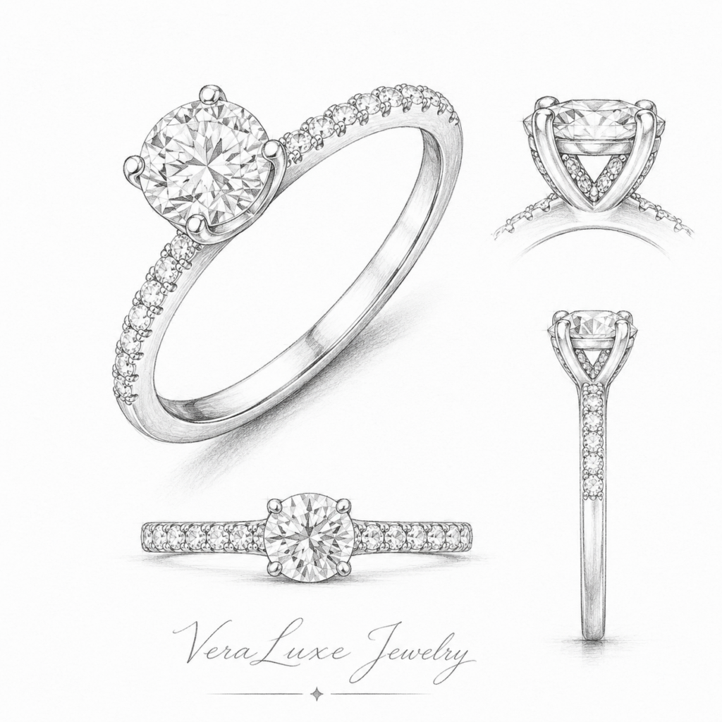 1CT–3CT Round Moissanite Ring with Pavé Band in S925 Sterling Silver