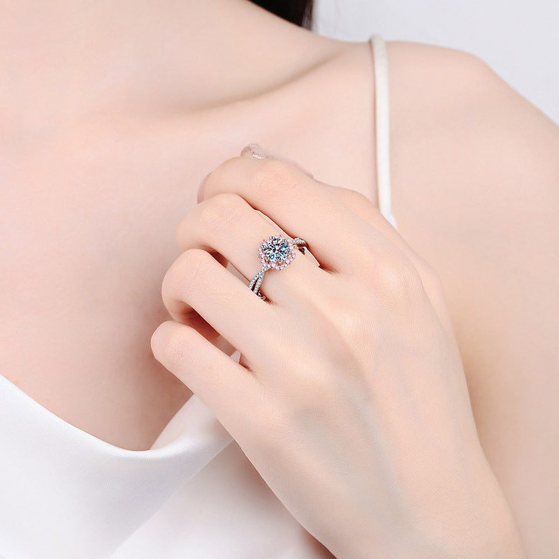 1 CT Round Moissanite Floral Halo Ring