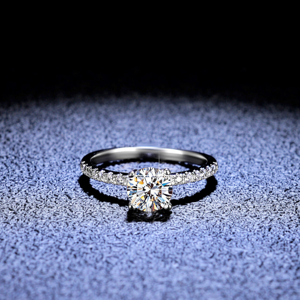 1CT–3CT Round Moissanite Ring with Pavé Band in S925 Sterling Silver