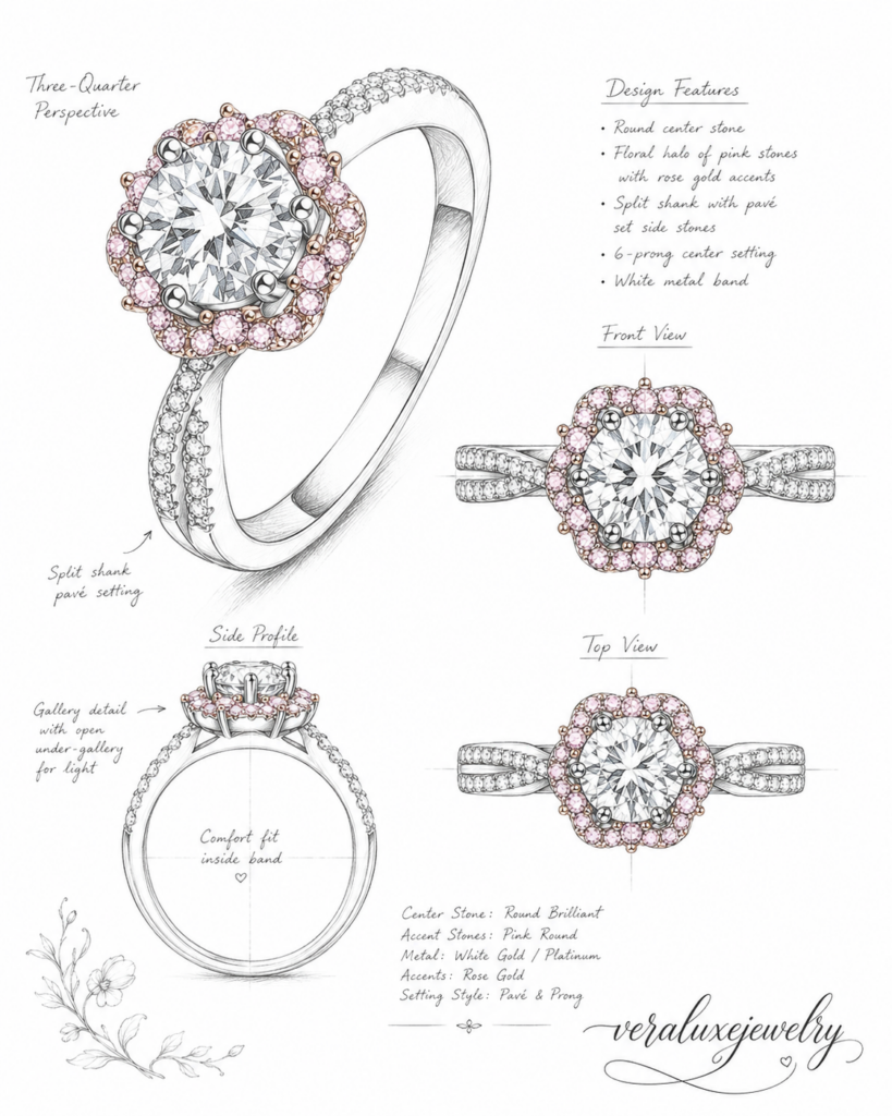 1 CT Round Moissanite Floral Halo Ring