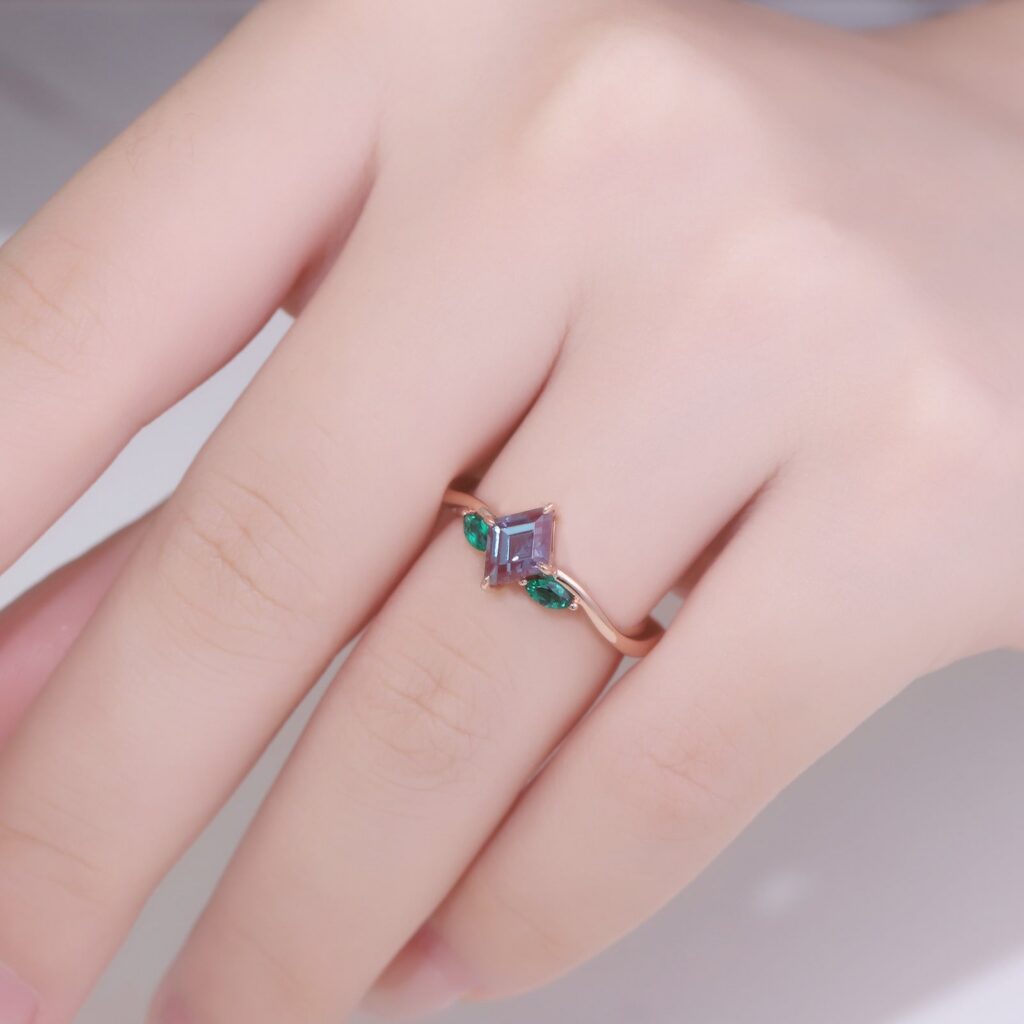 Kite-Cut Lab-Grown Alexandrite Three-Stone Ring