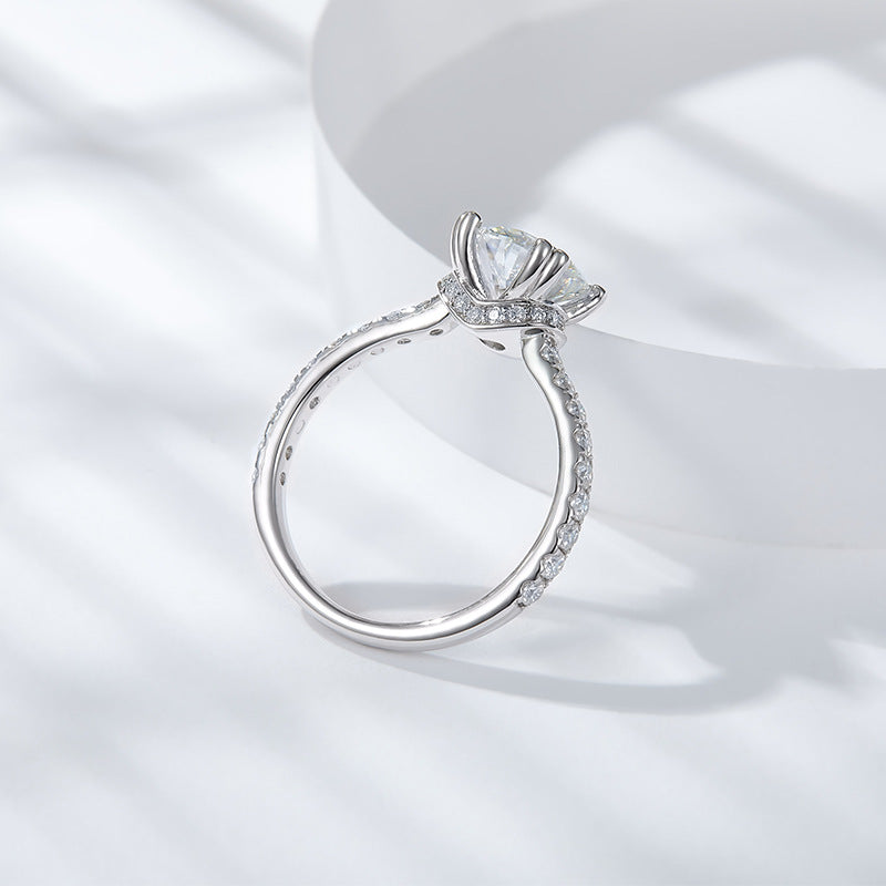 1.5CT Round Moissanite Ring with Pavé Band in S925 Sterling Silver