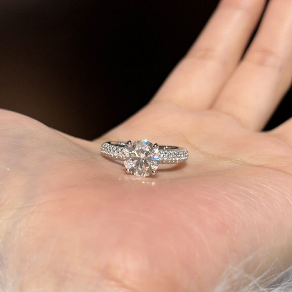 2CT Round Moissanite Ring with Pavé Band in S925 Sterling Silver