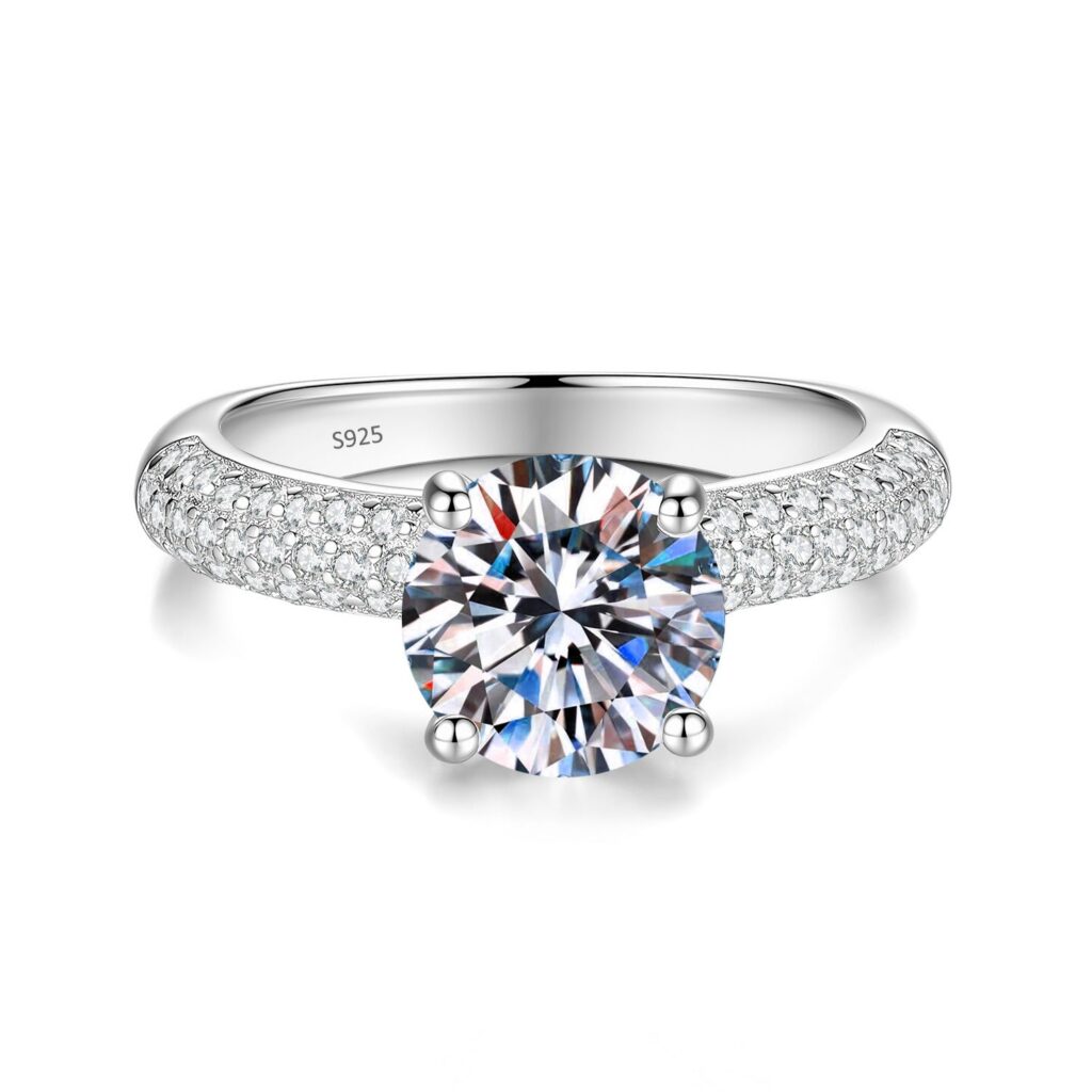 2CT Round Moissanite Ring with Pavé Band in S925 Sterling Silver