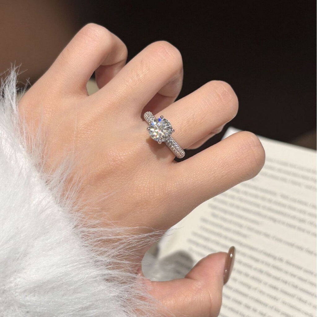 2CT Round Moissanite Ring with Pavé Band in S925 Sterling Silver