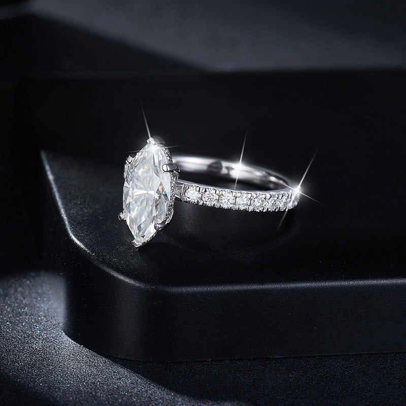 2CT Marquise Moissanite Ring with Pavé Band in S925 Sterling Silver