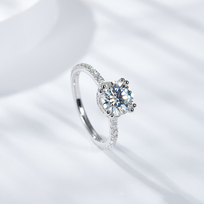 1.5CT Round Moissanite Ring with Pavé Band in S925 Sterling Silver