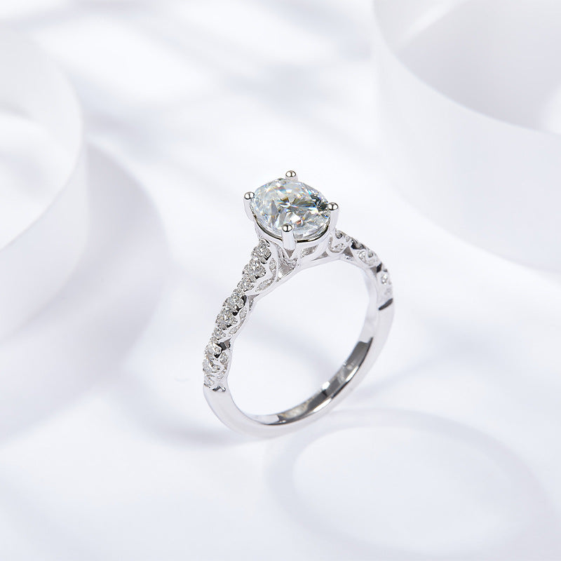 1.5CT Oval Moissanite Ring with Pavé Band in Sterling Silver