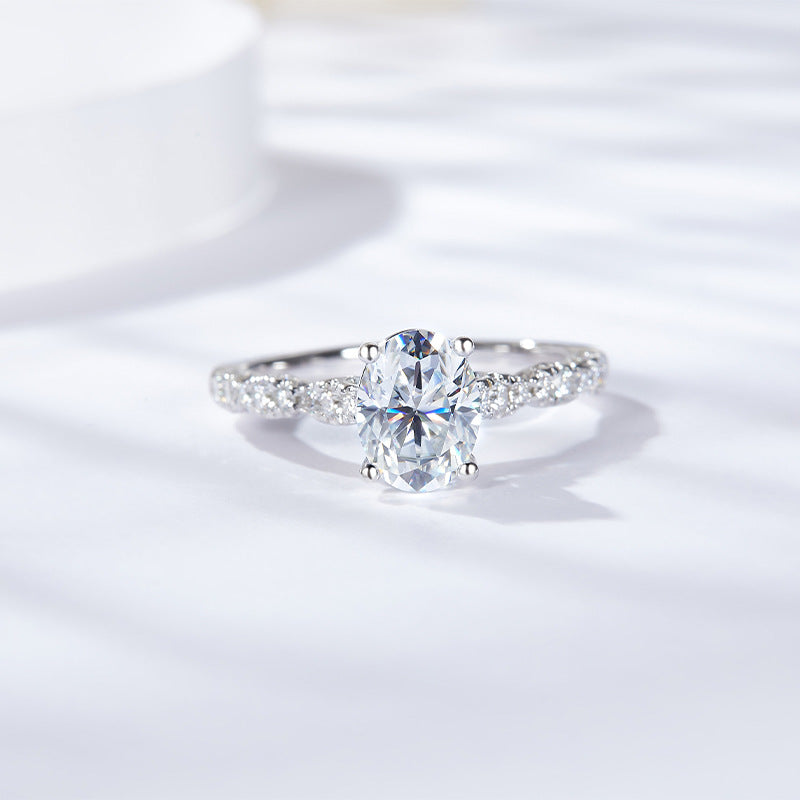 1.5CT Oval Moissanite Ring with Pavé Band in Sterling Silver