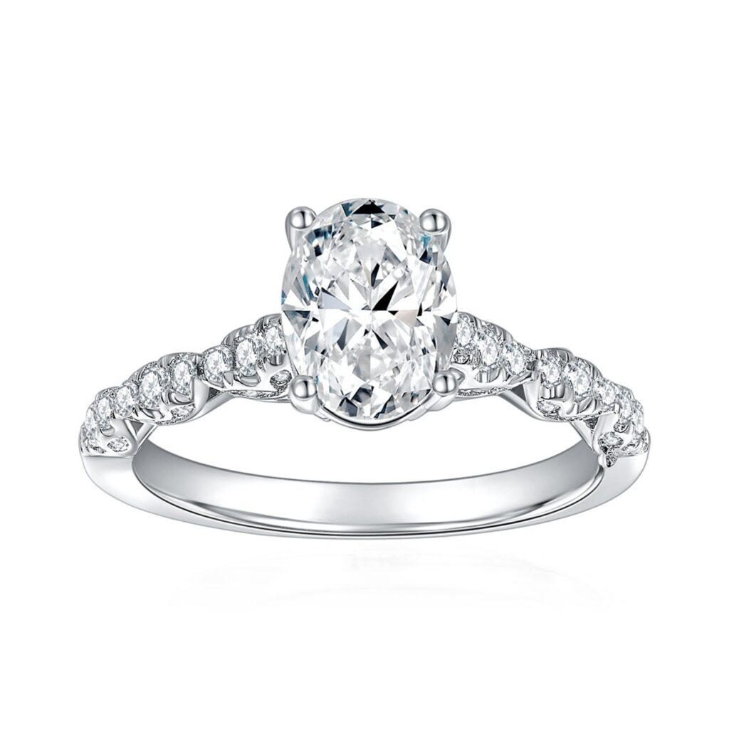 1.5CT Oval Moissanite Ring with Pavé Band in Sterling Silver